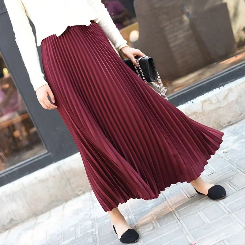 Classical Women Pleated Skirt 90cm/80cm Long Female Elastic Waist Skirt Big Size Velvet Pleated Skirt for Winter Ankle-Length.