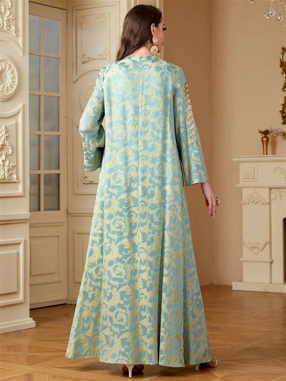 Siskakia Ramadan Dubai Elegant Floral Print Abayas For Muslim Women's Jacquard Beading Kebaya O-Neck Long Dresses.