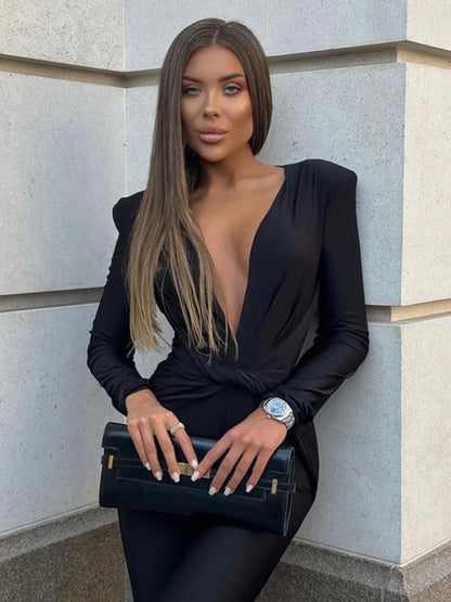 Mozision Deep V Neck Long Sleeve Skinny Jumpsuits Women Rompers Elegant Black High Waist Ruched Slim Sexy Jumpsuit Outfits.