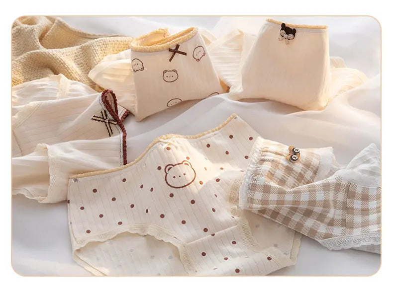 5Pcs/Set M-XL Women's Panties Cotton Underwear Cute Cartoon Bear Girl Briefs Mid Waist Underpants Breathable Panty Sexy Lingerie.