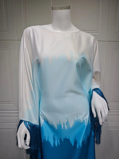 Uni Tassel Gradient Dubai Muslim Abaya For Woman O-Neck Elegant Casual Loose Moroccan Saudi Kebaya Fashion Party Dress 2025