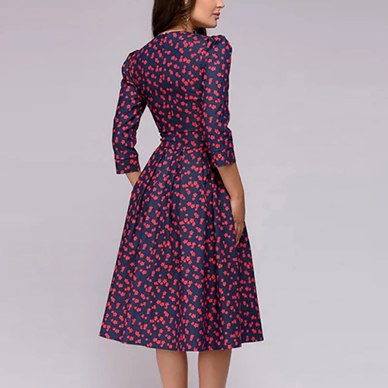 2023 frühling AutumnOffice Dame Knie Länge Elegante Vintage Langarm Party Kleider Frauen Floral Bedruckte Kleid Neue.