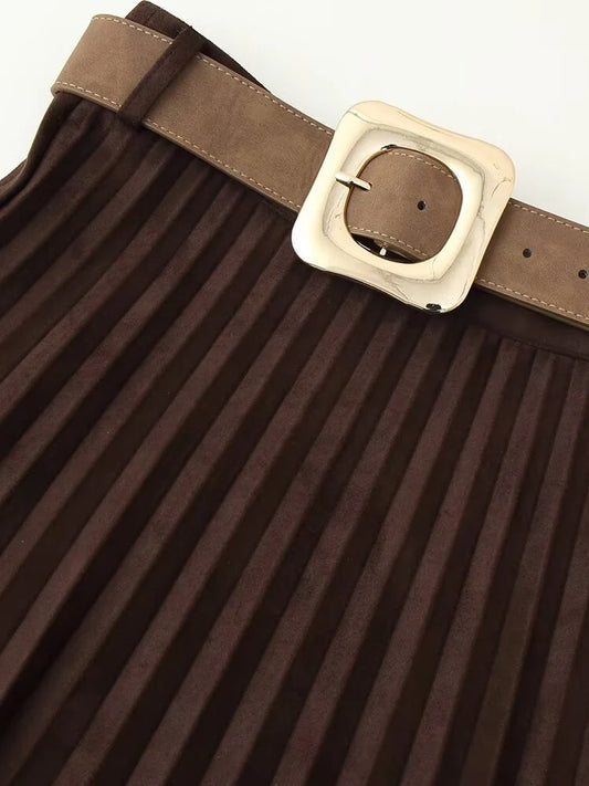 European and American style autumn new fashion trend casual simple women's matching belt suede effect pleated midi skirt.