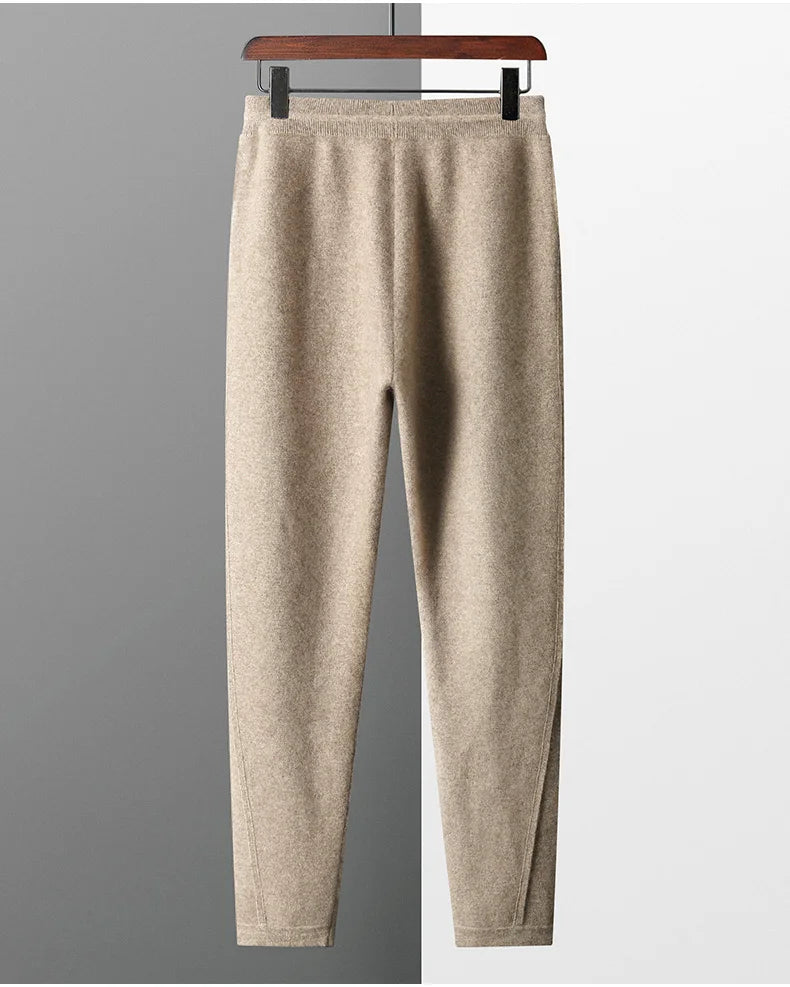 Thickened Four-Point Split Wear-Resistant 100% Cashmere Knitted Pants for Men with Pockets Elastic Waist Drawstring Slim Pants.