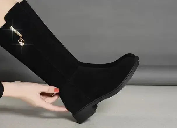 2025 New Women Warm Snow Plush Boots Snow Casual Flat All-match Cotton Fashion Side Zipper Winter Shoes Thigh High Boot Black