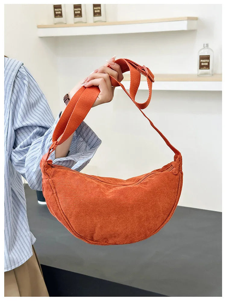 Solid Color Corduroy Women's Hobos Shoulder Bag Retro Casual Female Crossbody Bags Ladies Daily Travel Handbags Messenger Bag
