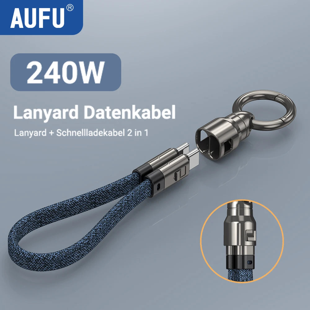 AUFU PD240W USB-C to USB-C Super Fast Charge Data Cable Zinc Alloy Head Lanyard 2 in 1 Phone Lanyard Charge Cable For IPhone SUM.