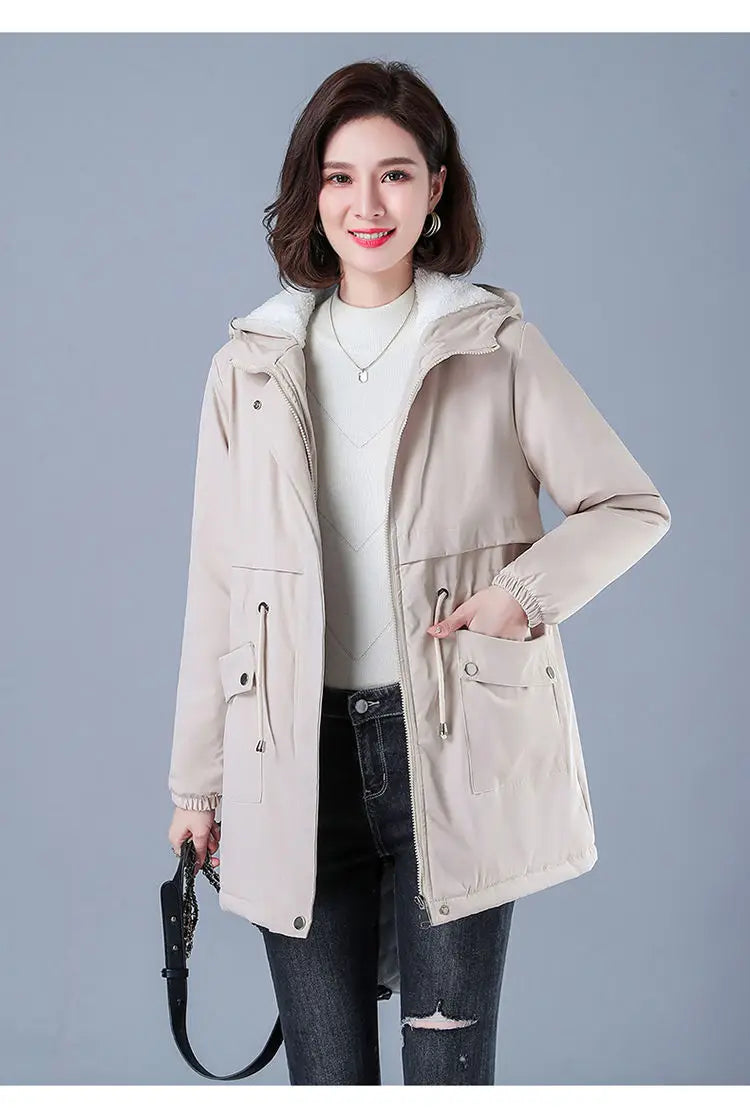 Fleece-gefütterte Kapuze, Daunenjacke, Wintermantel für Damen, warme, mit Kordelzug gepolsterte Parkas, mittellanger Mantel, Streetwear, gepolsterte Kleidung