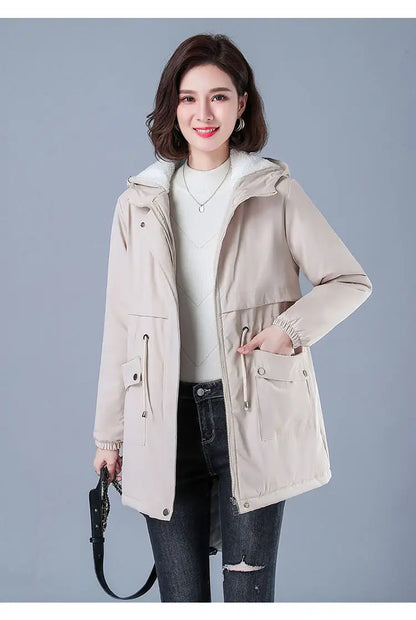 Fleece-gefütterte Kapuze, Daunenjacke, Wintermantel für Damen, warme, mit Kordelzug gepolsterte Parkas, mittellanger Mantel, Streetwear, gepolsterte Kleidung
