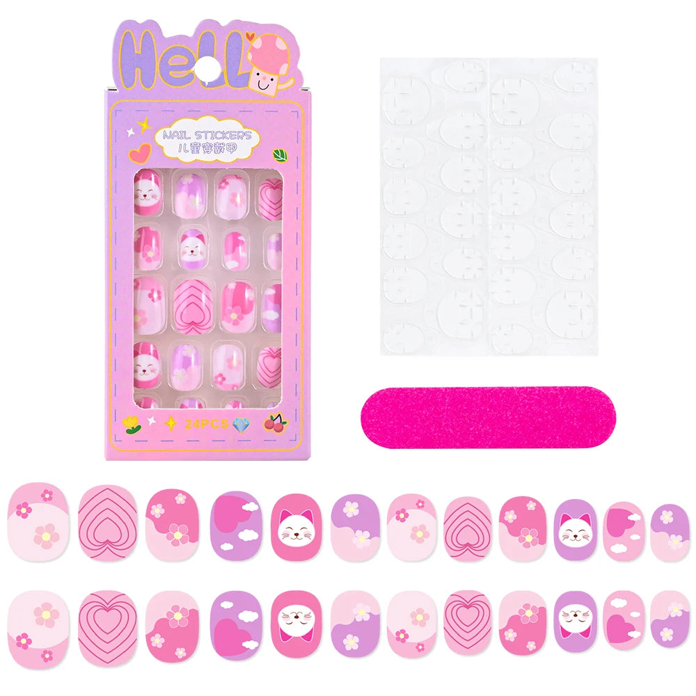 24Pcs/box Kids nails for Girl Cartoon Pattern False Nail Cute Child Fake Nails Tips Kawaii Acrylic Artificial Press on Nail+Tool