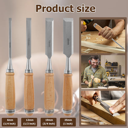 4-teiliges Holzmeißel-Set, scharfe Chrom-Vanadium-Stahl-Holzschnitzmeißel mit Griffen aus Buche, ergonomische Holzschnitzwerkzeuge