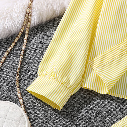 Spring Hot Sale Kids Outfit 4-12 Years Girls Striped Long Sleeve Chemise + Casual Loose Straight Leg Pants Shirt Suit 2Pcs Set.