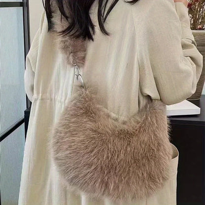 Luxurious Faux Fur Tote Bag Chic Underarm Shoulder Bag Stylish Handbag & Purse with Pearl Chain Strap, Polyester Lined Interior.