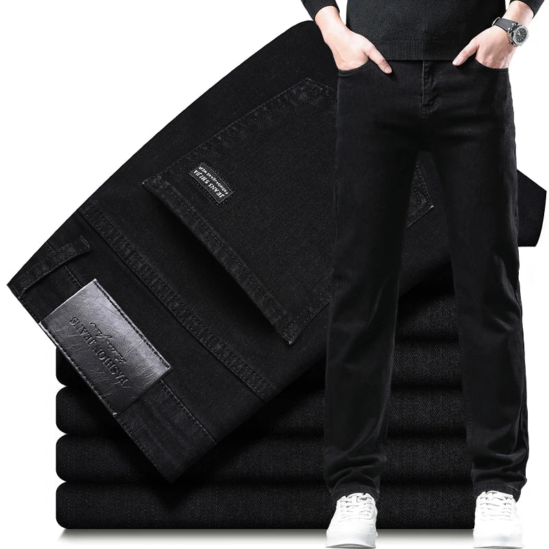 Spring Autumn New Men's Pure Black Slim Jeans Elastic Straight Pants Business Fashion Leisure Korean Vintage Denim Pants Male.