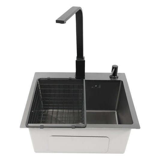 Schwarzes Küchenspülbecken-Set, Spüle aus Edelstahl 30 mit großem Fassungsvermögen und drehbarem Wasserhahn, Keramik-Ventilkern, geruchsfestes Spülbecken