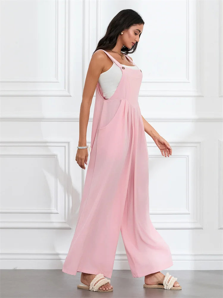 Women Fashion Jumpsuits Sleeveless Buttons Suspender Wide Leg Pant Overalls with Pockets Casual Loose Romper Streetwear.