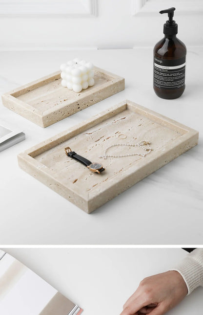 Minimalism Marble Tray for Perfume Candles Jewelry Travertine Stone Vanity Tray for Dresser Countertop Coffee Table Serving.