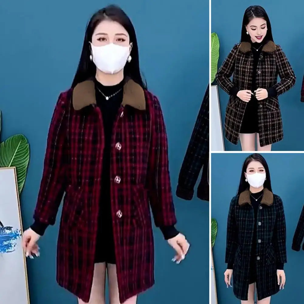 Frauen Plaid Mantel Karierten Winter Mutter Jacke Taschen drehen-unten Kragen einreiher Mid Länge Mantel Mid-aged frauen Mantel.