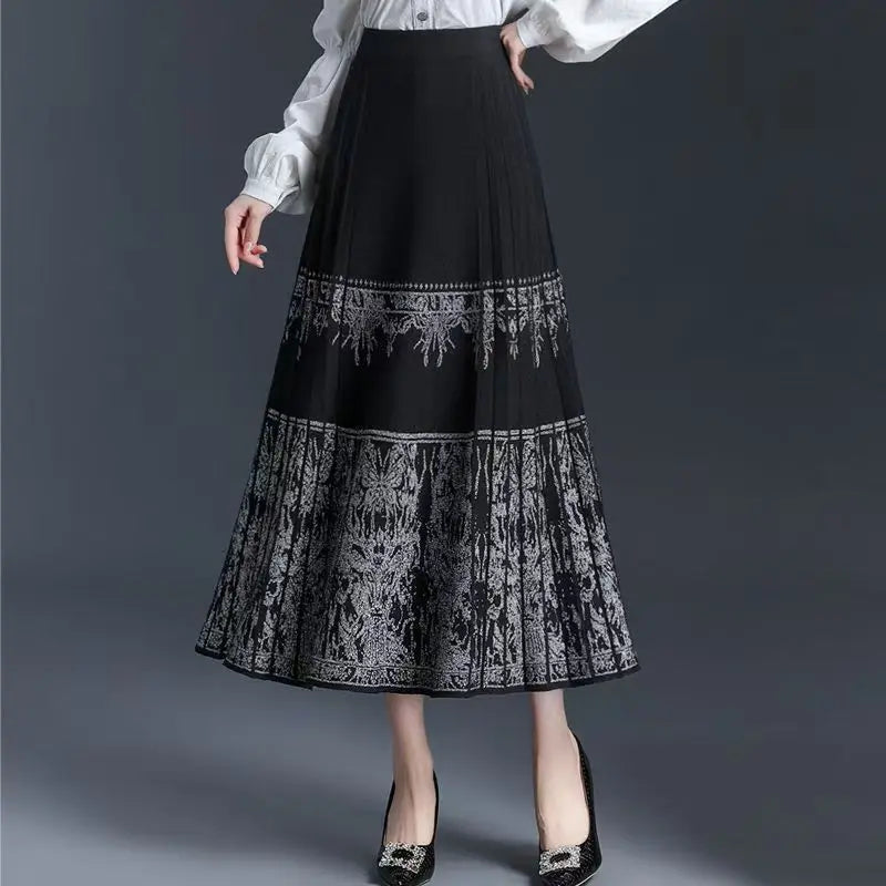 FairyShely Pleated Knitted Skirt For Women 2025 Autumn Winter Warm High Waist Long Skirts Ladies Plus Size Black A-line Skirt.