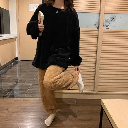 Winter Fleece Women Pajamas Set  Sleepwear Solid Velvet 2 Piece Pant Home Suit Fluffy Casual Warm Flannel Night Wear