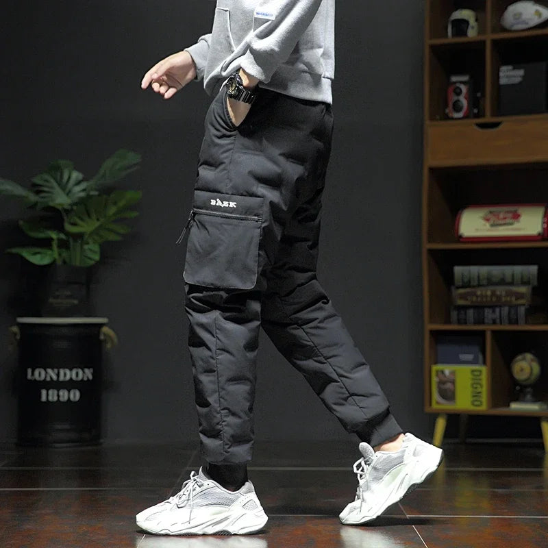 Men's Winter Pants Duck Down Padded Pants Thick Warm Black Loose Jogger Windproof High Waist Elastic Thermal Down Trouser Male.