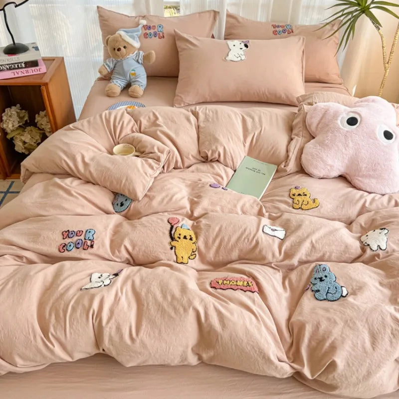 New washed cotton towel embroidery four-piece set animal paradise bed sheet bed hat home student dormitory three-piece set