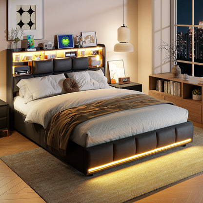 Lazyspace Modernes PU-Polsterbett, Doppelbettgestell, hydraulisches Bett mit Stauraum, Kopfteil mit LED-Licht und Ablagefach