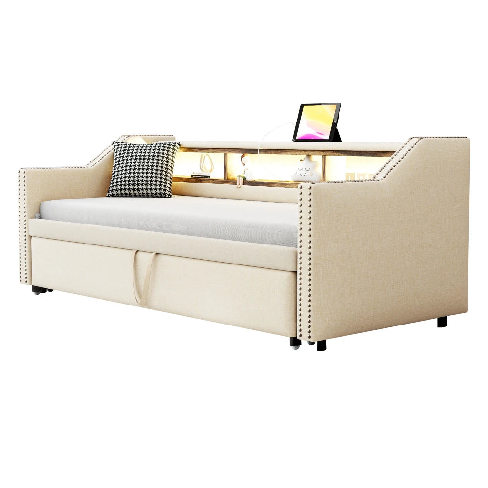 Ausziehbares Schlafsofa 90/180 x 190 cm, multifunktionales Aufbewahrungsfach, LED-Licht und USB-Buchse, mit Gitter, Dunkelgrau