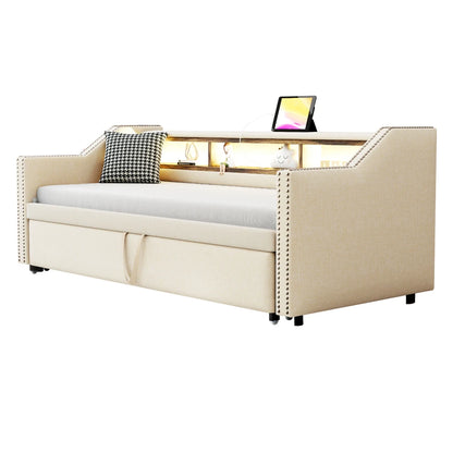 Ausziehbares Schlafsofa 90/180 x 190 cm, multifunktionales Aufbewahrungsfach, LED-Licht und USB-Buchse, mit Gitter, Dunkelgrau