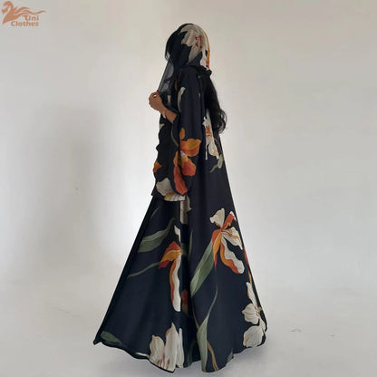 Uni Dubai Fashion Floral Print Open Abaya Muslim Elegant Cardigan With Hijab Scarf 2025 Feminine Clothes.