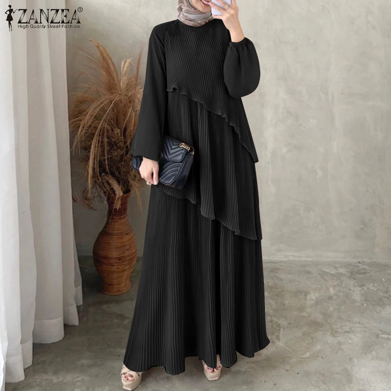 2025 ZANZEA Fashion Women Autumn Long Sleeve Maxi Sundress Muslim Abaya Dresses Duabi Robe Femme IsIamic Clothing Hijab Vestidos.