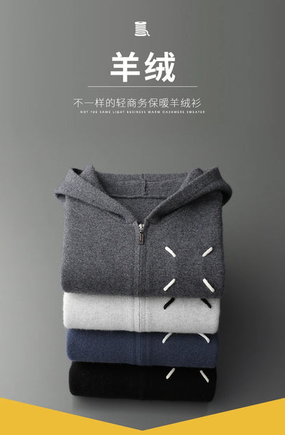 Men's 100% Cashmere Sweater Zipper Hooded Cardigan Warm Air Layer Thickened Jacket Jacquard Casual Knitted Wool Sweater.