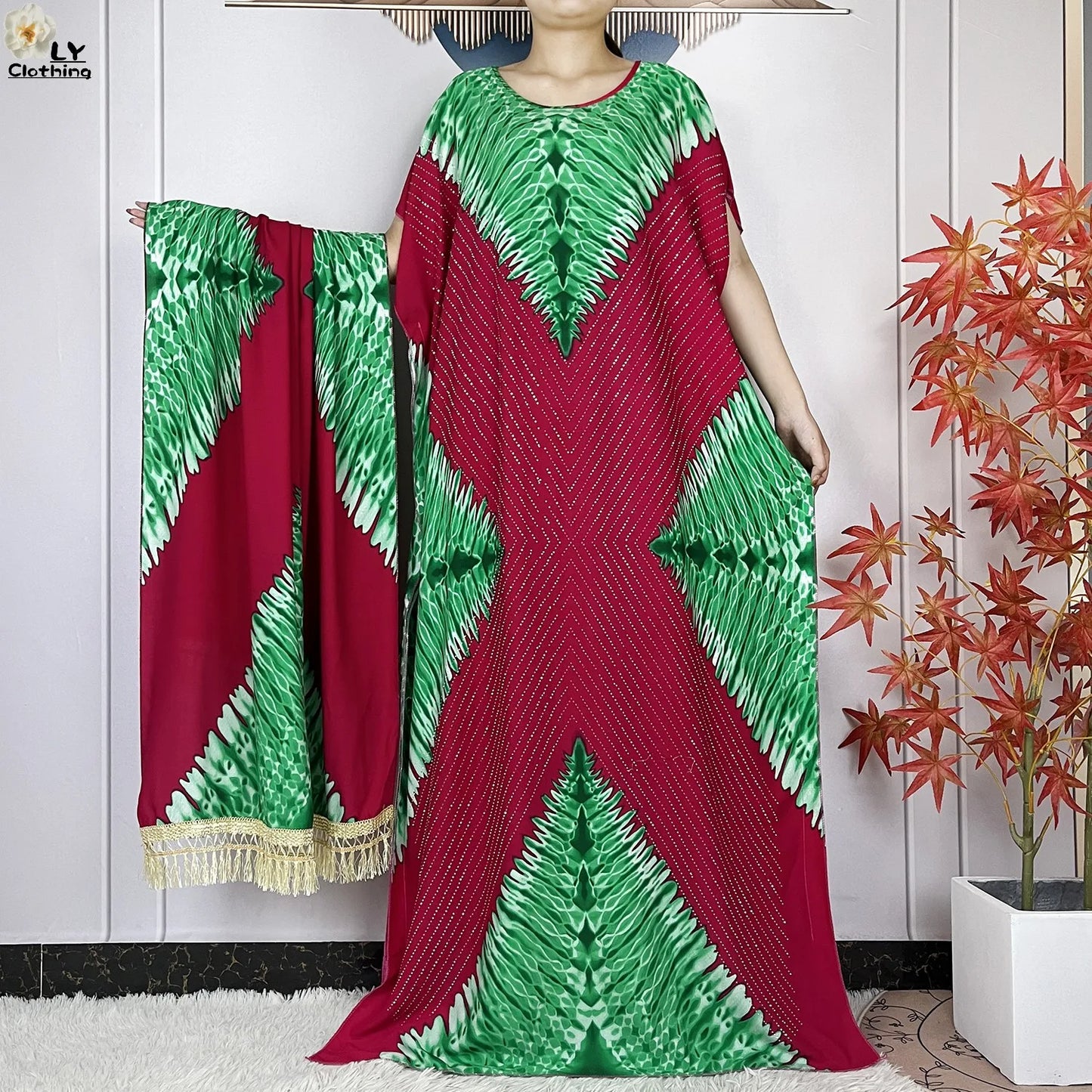 2024 New Muslim Women Dashiki Printed Dress Flower Diamonds Loose Dress With Big Scarf Islamic African Women Short Sleeve Abaya