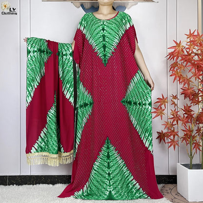 2024 New Muslim Women Dashiki Printed Dress Flower Diamonds Loose Dress With Big Scarf Islamic African Women Short Sleeve Abaya