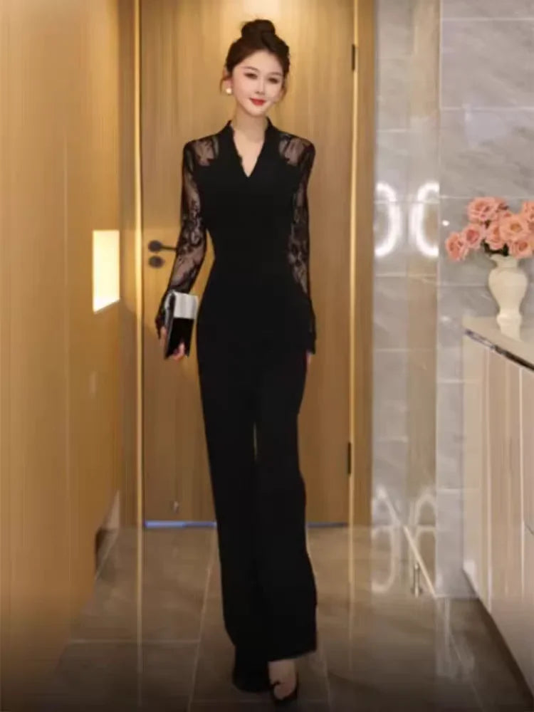 Luxury Elegant Lace Patchwork Black Jumpsuit Women Summer High Waist Long Sleeve Jumpsuits Combinaison Femme Overalls.