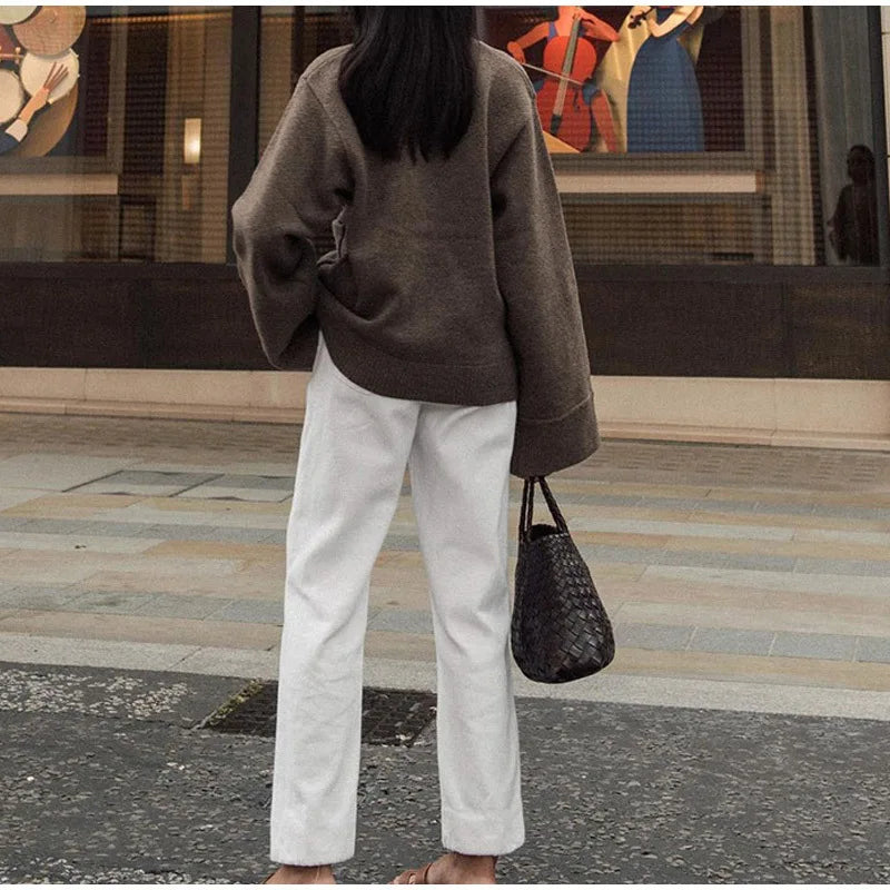 Damenjacke mit V-Ausschnitt, einfarbig, langärmelig, Strickjacke, modischer, lockerer, lässiger Pullover.