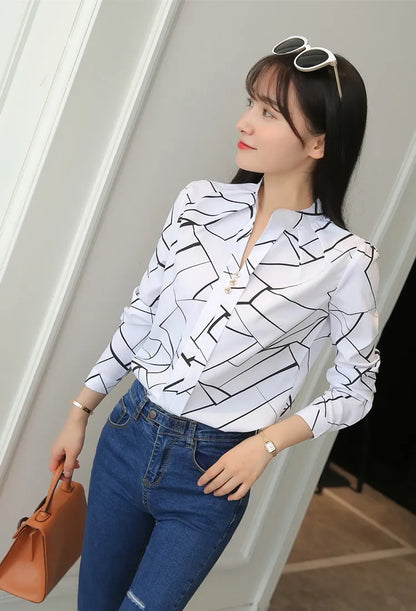 Stripe Women Blouse Fashion Standing Collar Women's Shirt Long Sleeved Shirts and Blouses Printing Ladies Tops Basic Womens Tops