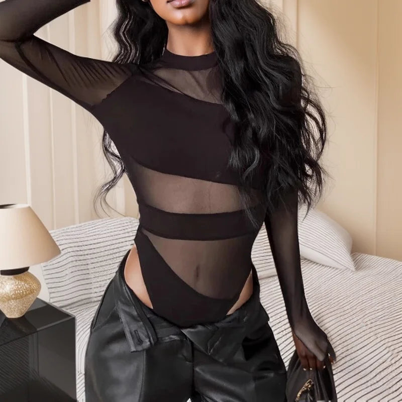 Spring Summer New Fashion Cut Cross Hollow Mesh Jumpsuit Long-Sleeved Thin O Neck Diagonal Black Charming Bodysuit Clubwear.