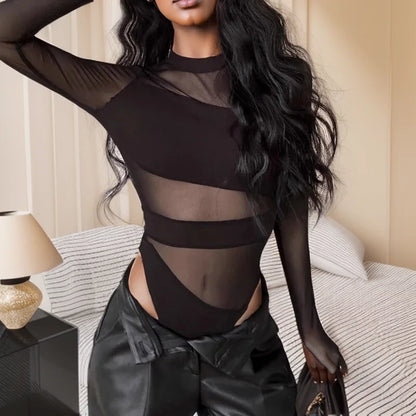 Spring Summer New Fashion Cut Cross Hollow Mesh Jumpsuit Long-Sleeved Thin O Neck Diagonal Black Charming Bodysuit Clubwear.