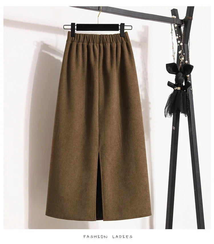 2025 Autumn Winter Plus Size Skirts Women High Waist Solid A-line Skirt Back Slit Korean Thick Elegant Fleece-lined Style Skirts.