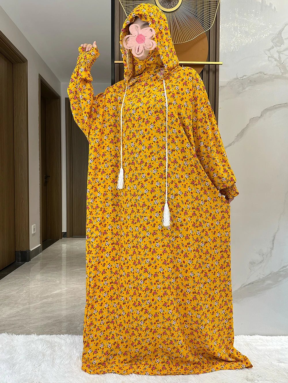 New Ramadan Muslim Two Hats Abaya Dubai Turkey Islam Prayer Clothes Floral Cotton Long Dress Islam Women Dress Kaftan.