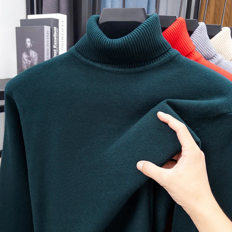 Autumn Mens High Quality Knitted Turtleneck Sweater Slim Fit Long Sleeve Anti-pilling Pullover Solid Color Trend Men Streetwea.