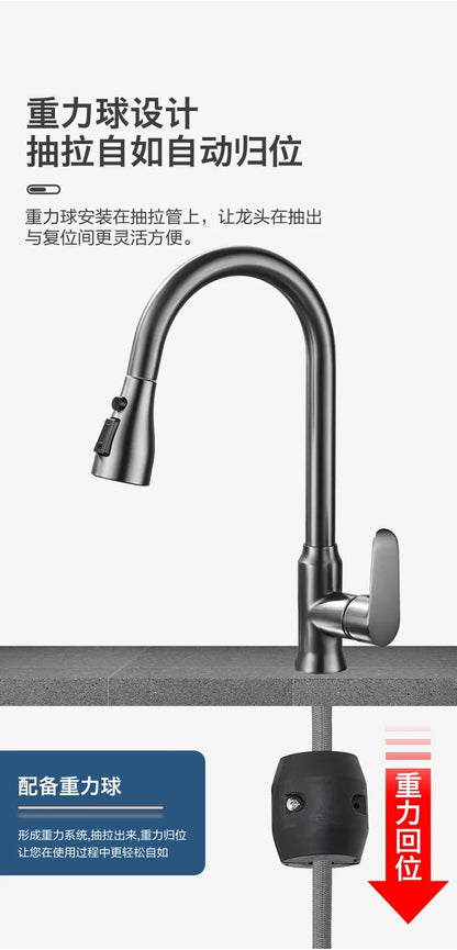 Kitchen faucet pull-out spray head 360 degree rotation hot and cold water pull-out black and silver single hole kitchen faucet