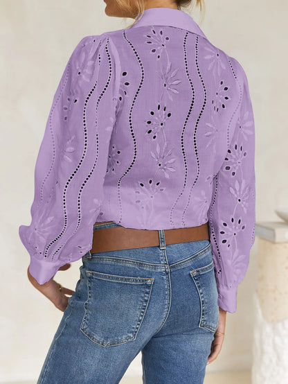 2025 Autumn New Solid Shirt Casual Loose Fashion Hollow Puff Sleeve Cardigan Tops For Women Office Black Hollow out Blouses