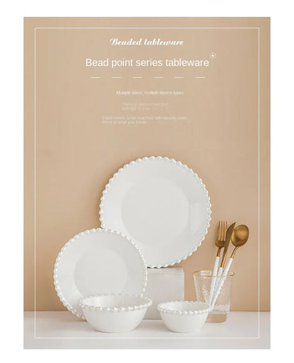 Ceramic Tableware Set Nordic Creative Pearls Beaded Edge Western Food Snack Plate Rice Bowl Soup Bowl Steak Plate Set Kitchen.