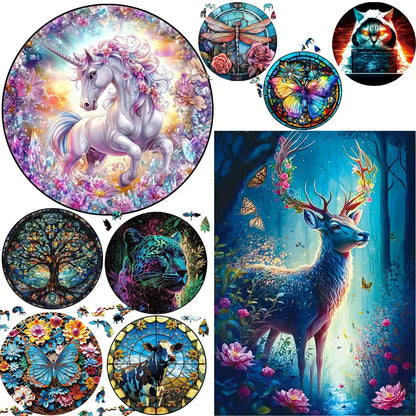 Deer in The Forest Wooden Puzzle Unique Shape Animal Puzzle Adult Relaxation Gift Exquisite Boxed Set with Decorative Artworks.