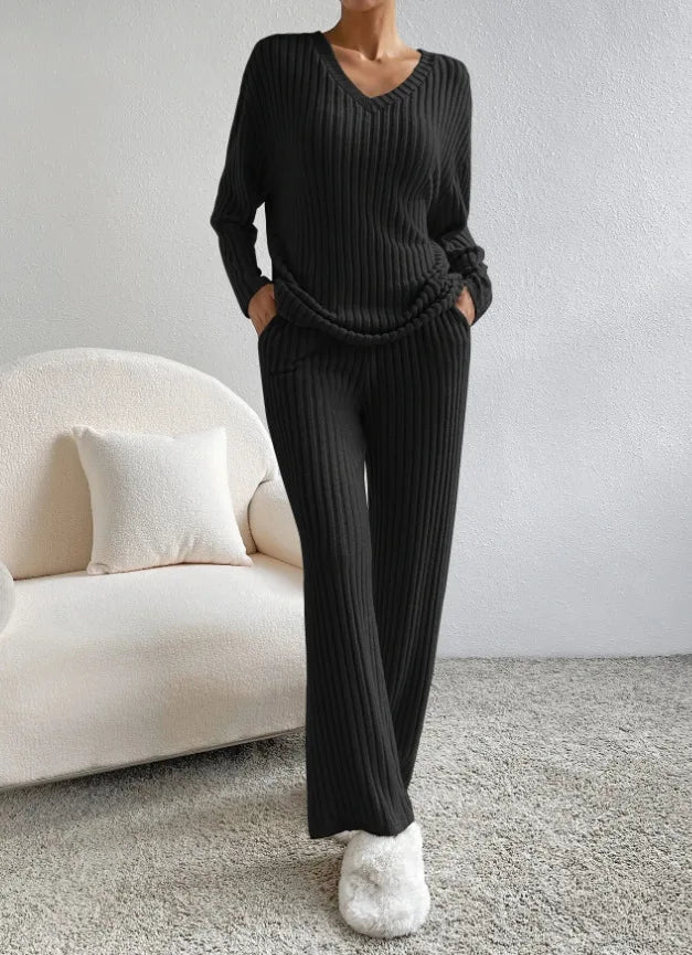 Autumn Winter Ribbed Knit Two Piece Set Womens V Neck Long Sleeve Top Wide Leg Pants Loungewear Casual Solid Color Outfit.