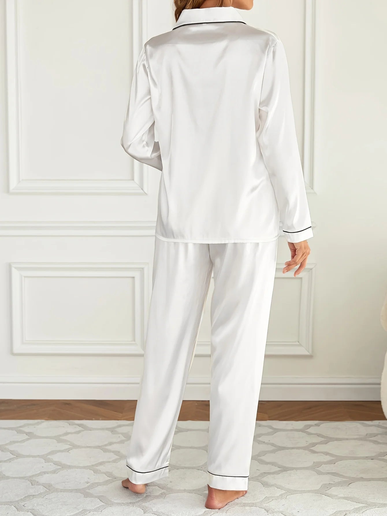 Solides Pyjama-Set mit langen Ärmeln, Knopfleiste, Revers, Oberteil und Hose, Pyjama-Set, Damen-Nachtwäsche und Loungewear