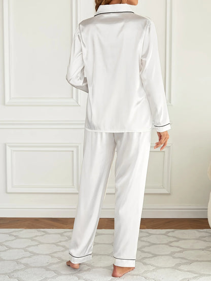 Solides Pyjama-Set mit langen Ärmeln, Knopfleiste, Revers, Oberteil und Hose, Pyjama-Set, Damen-Nachtwäsche und Loungewear