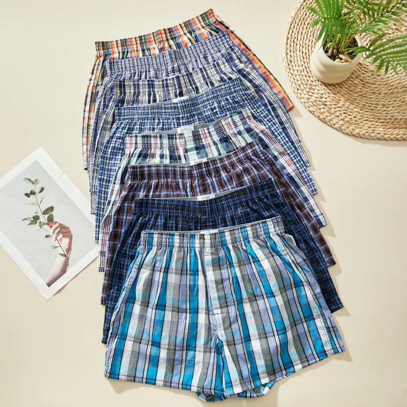 Herren-Boxershorts aus Baumwolle, atmungsaktiv, weich, bequem, elastischer Bund, karierte Boxershorts, Hosen für Herren, Zuhause, Alltag
